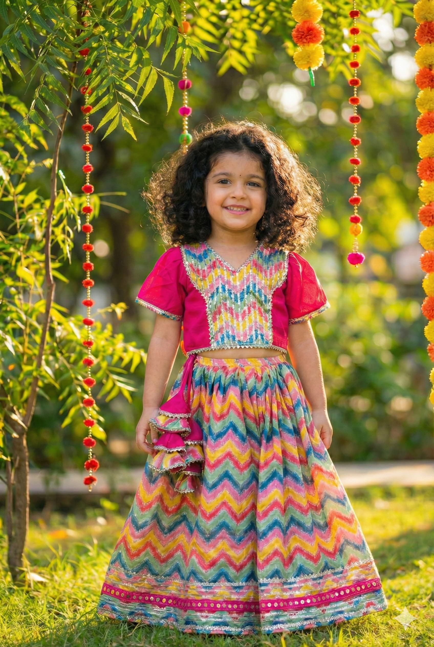 Multicolor zigzag lehenga pink umberella sleeves blouse