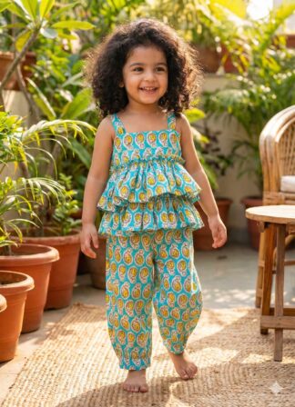 yellow sea green sanganeri print coord set