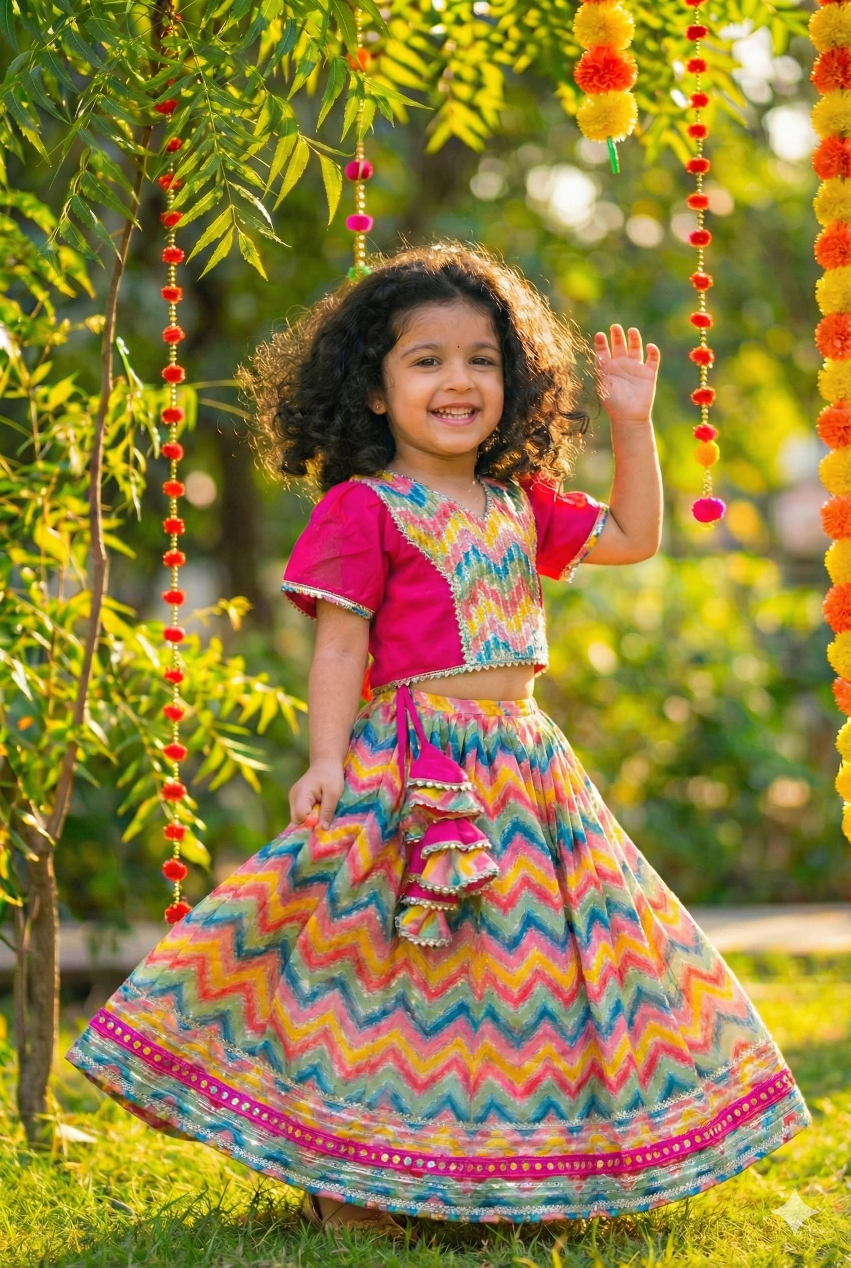 Multicolor zigzag lehenga pink umberella sleeves blouse - Image 2