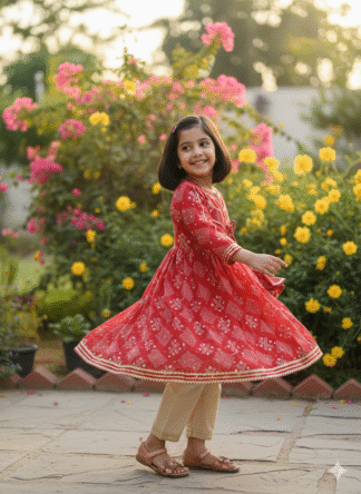Red white chanderi anarkali with pant