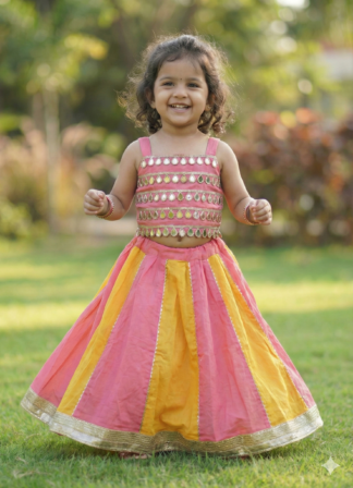 peach yellow kali lehenga with mirror blouse