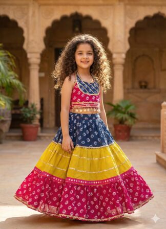 pink blue and yellow three tier lehenga with backless dori blouse