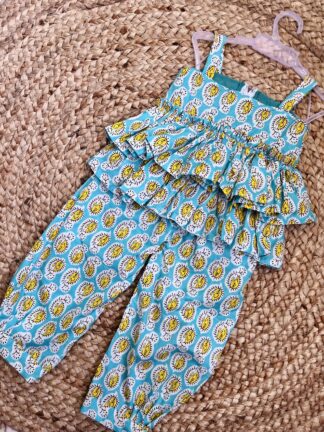 yellow sea green sanganeri print coord set