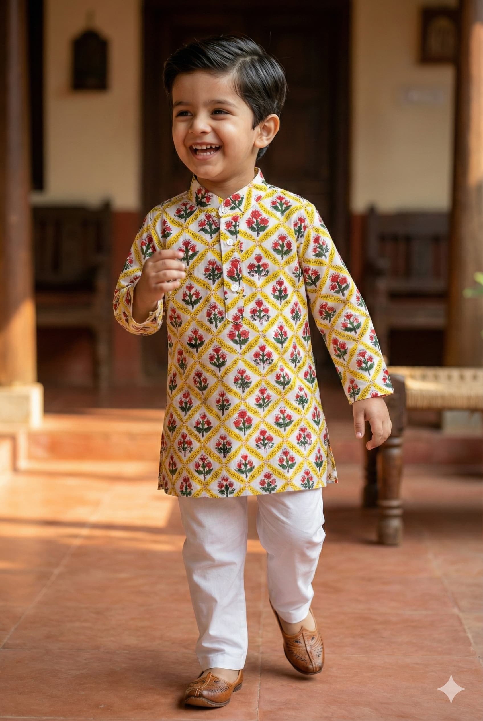 Yellow white check kurta pyjama set