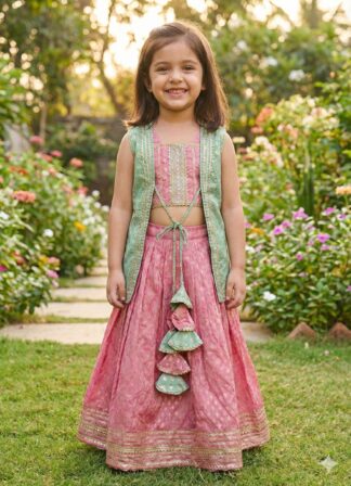 Pink sea green zari lehenga with jacket