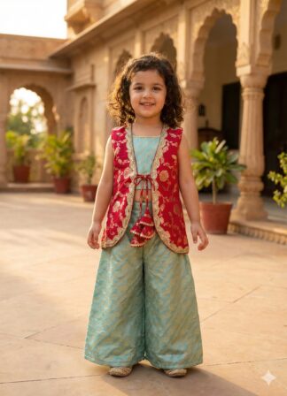 Pink sky blue zari plazo set with jacket