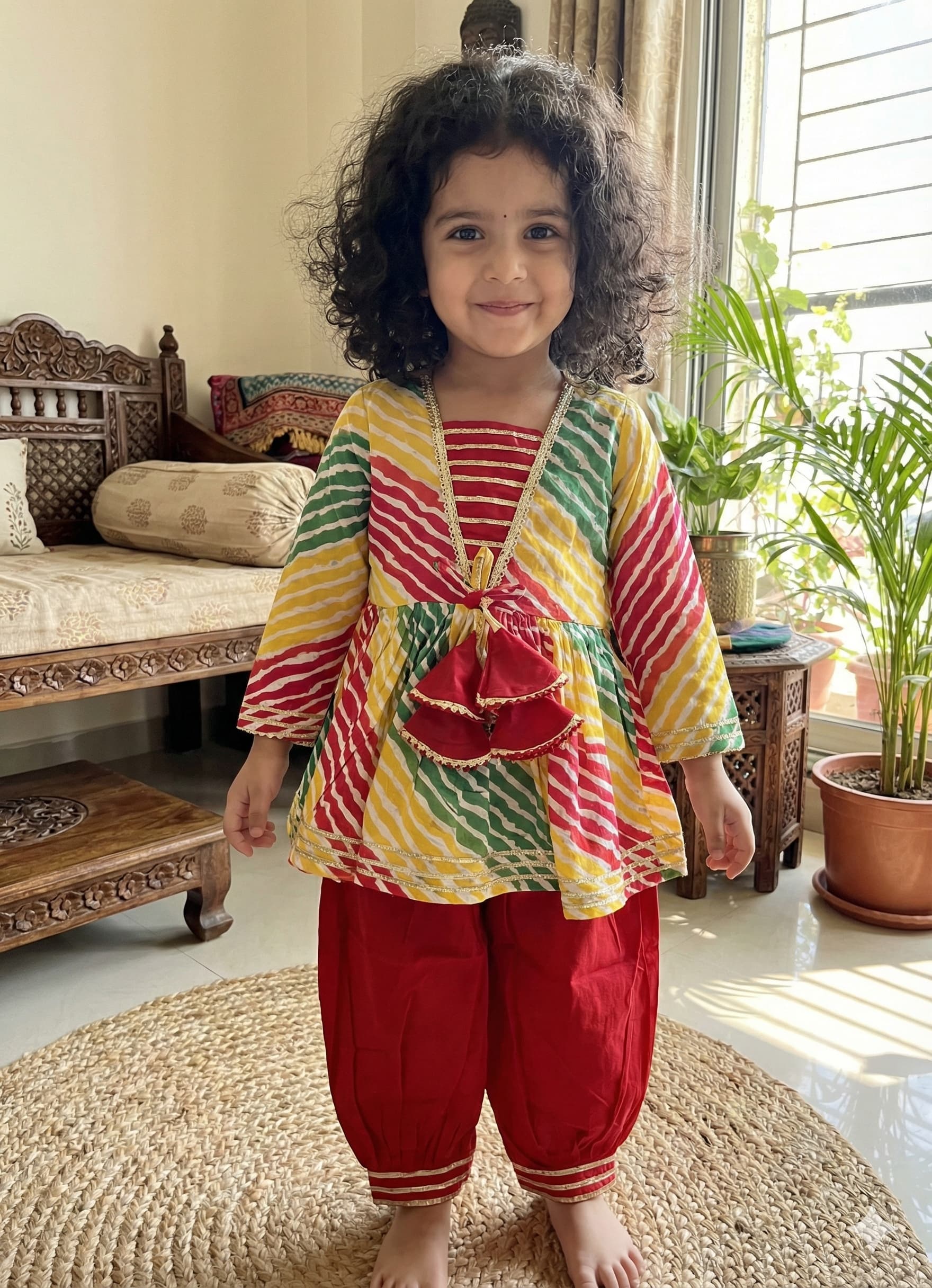 Red yellow green leheriya afgani pant set