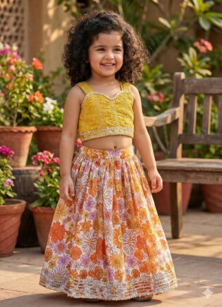 Yellow orange floral chinnon lehenga