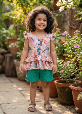 Peach green printed hakoba short set