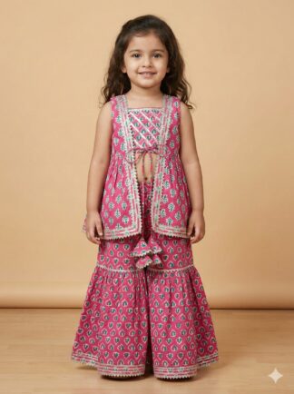 Pink green jacket pattern sharara set