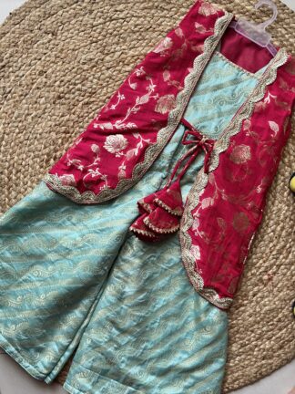 Pink sky blue zari plazo set with jacket