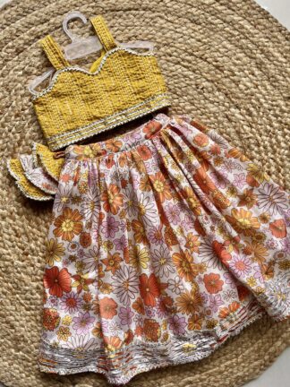 Yellow orange floral chinnon lehenga