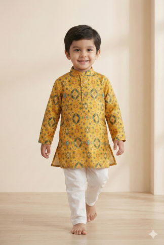 Yellow silk patola printed kurta pyjama set