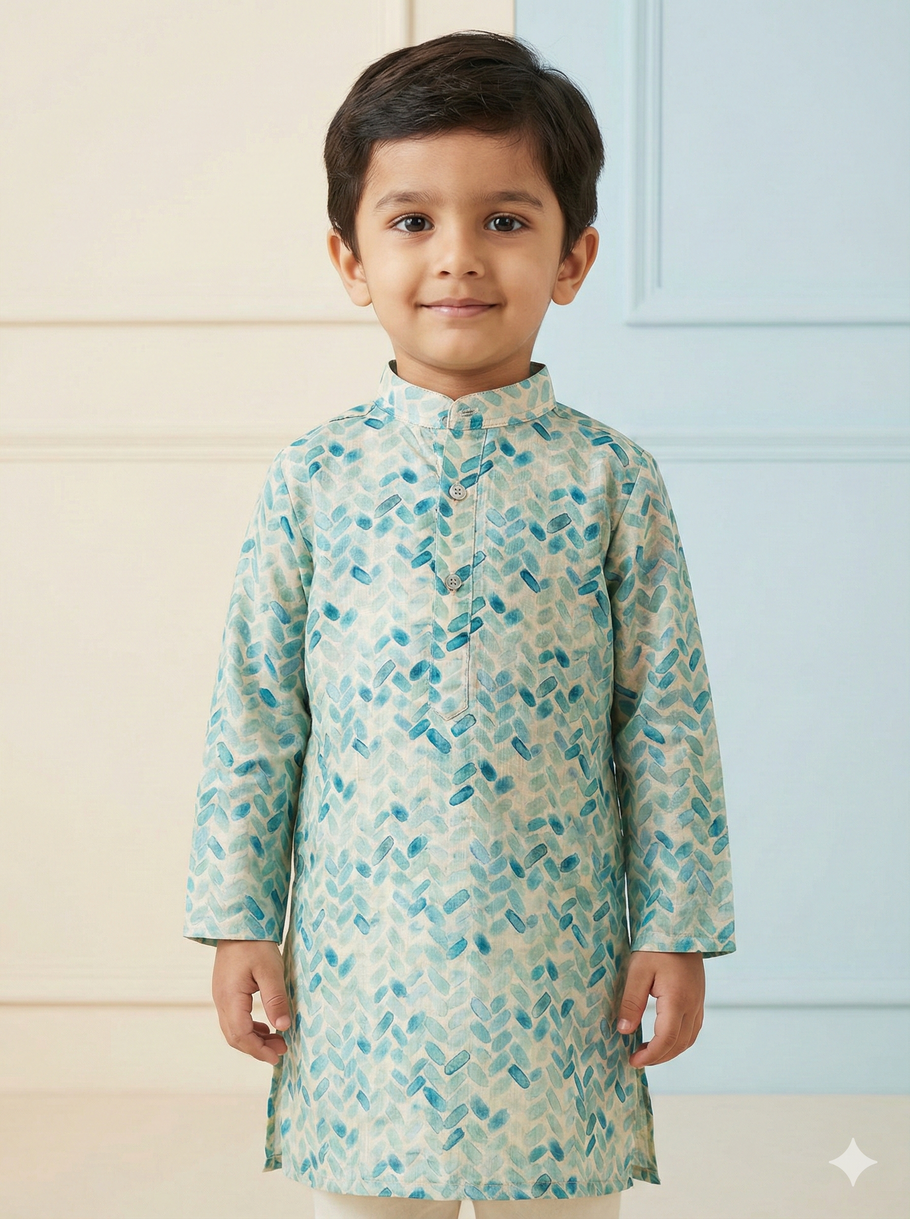Cream green printed silk kurta pyjama set - Image 2