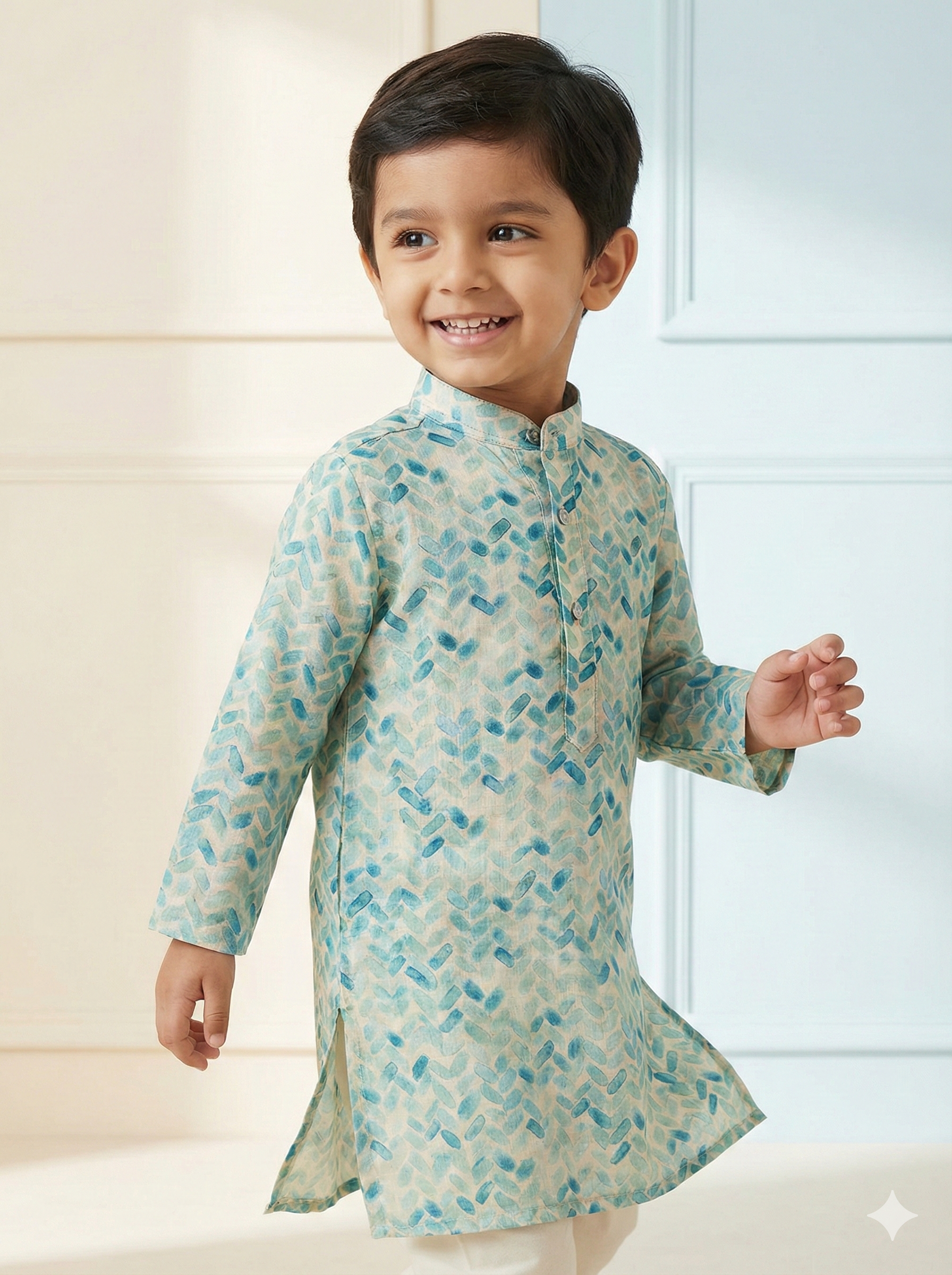 Cream green printed silk kurta pyjama set