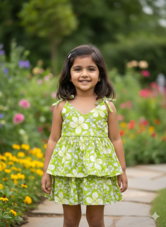 Green flower printed cotton frock