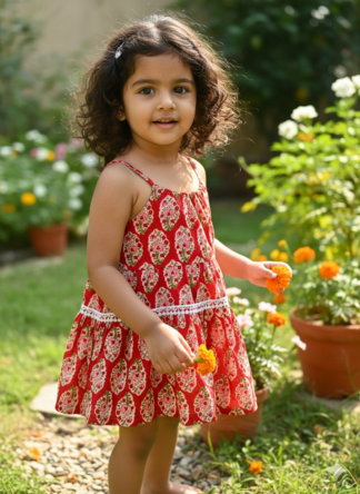 Red Sanganeri print A Line frock