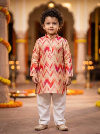 Cherry red and cream zig zag pattern kurta pyjama set