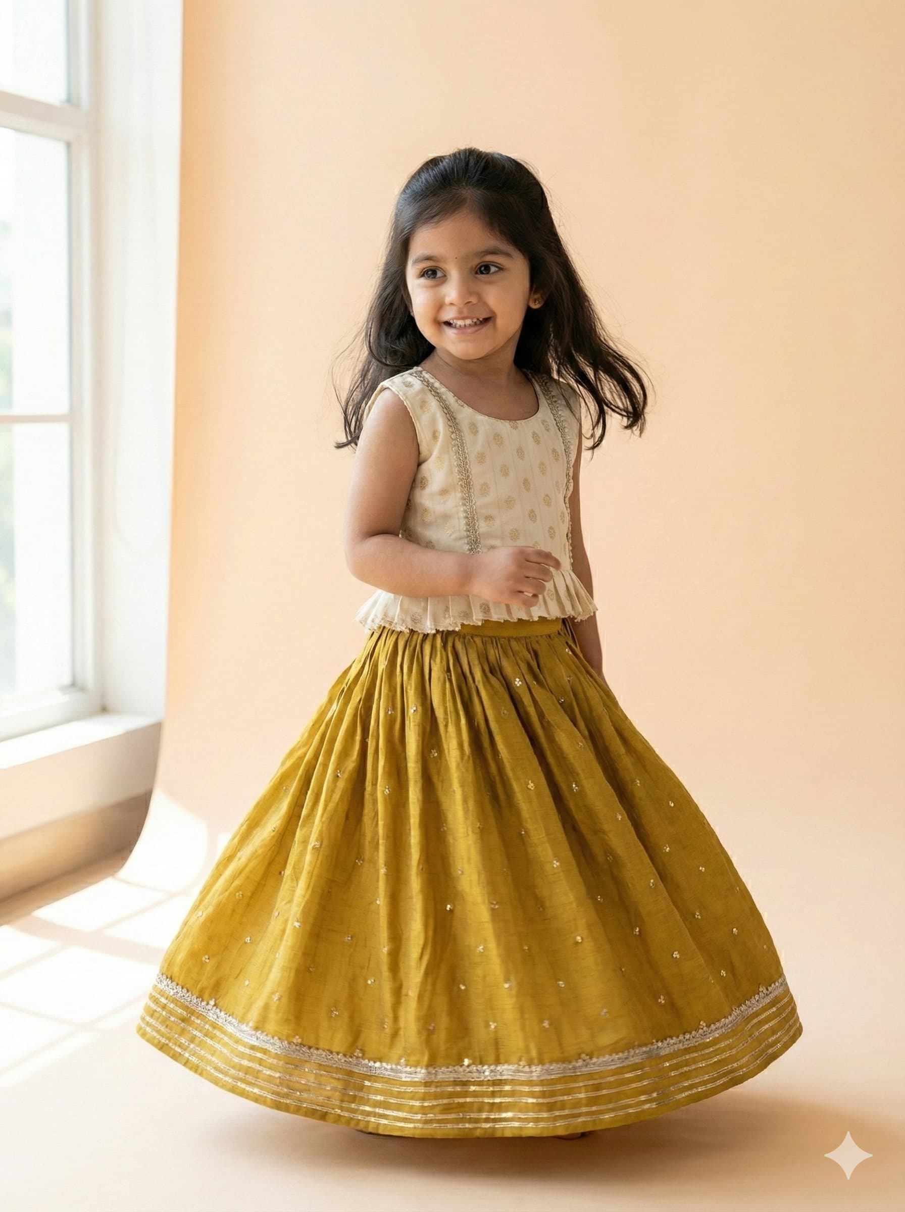 Cream mustard yellow chinnon lehenga set