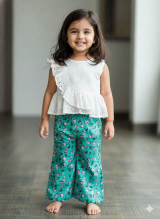 Green cherry print plazo with schiffli top