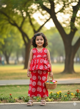 Red white batik cotton coord set