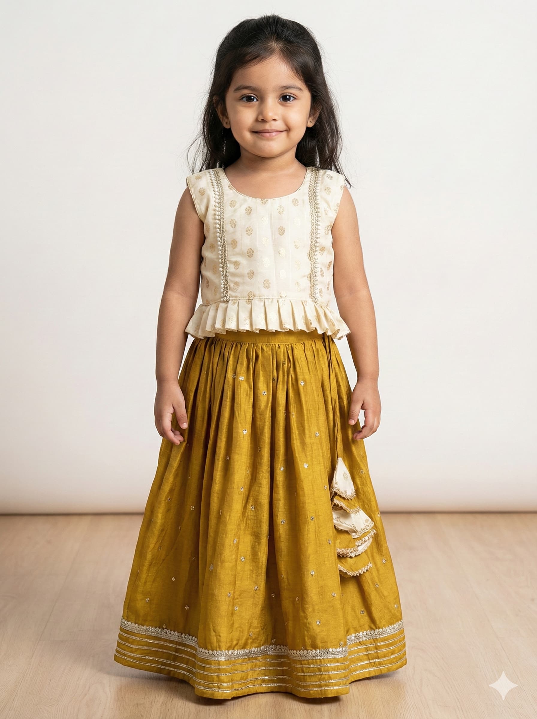 Cream mustard yellow chinnon lehenga set - Image 2