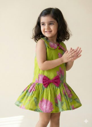 Green frock with pink flowers