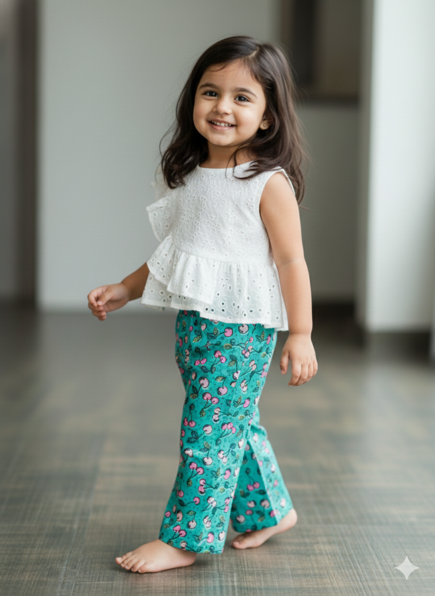 Green cherry print plazo with schiffli top - Image 2