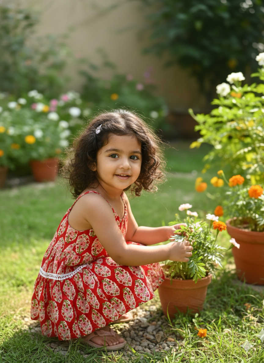 Red Sanganeri print A Line frock - Image 2