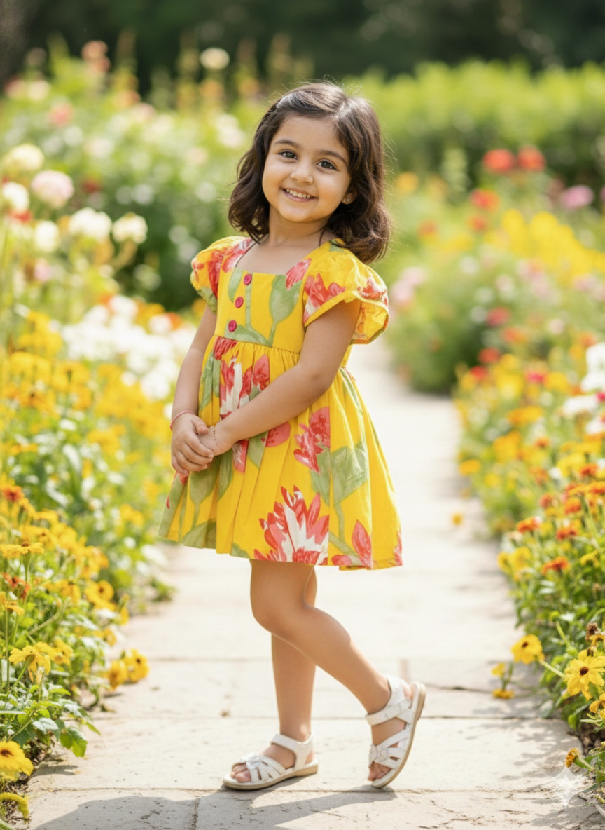 Yellow green floral frock - Image 2