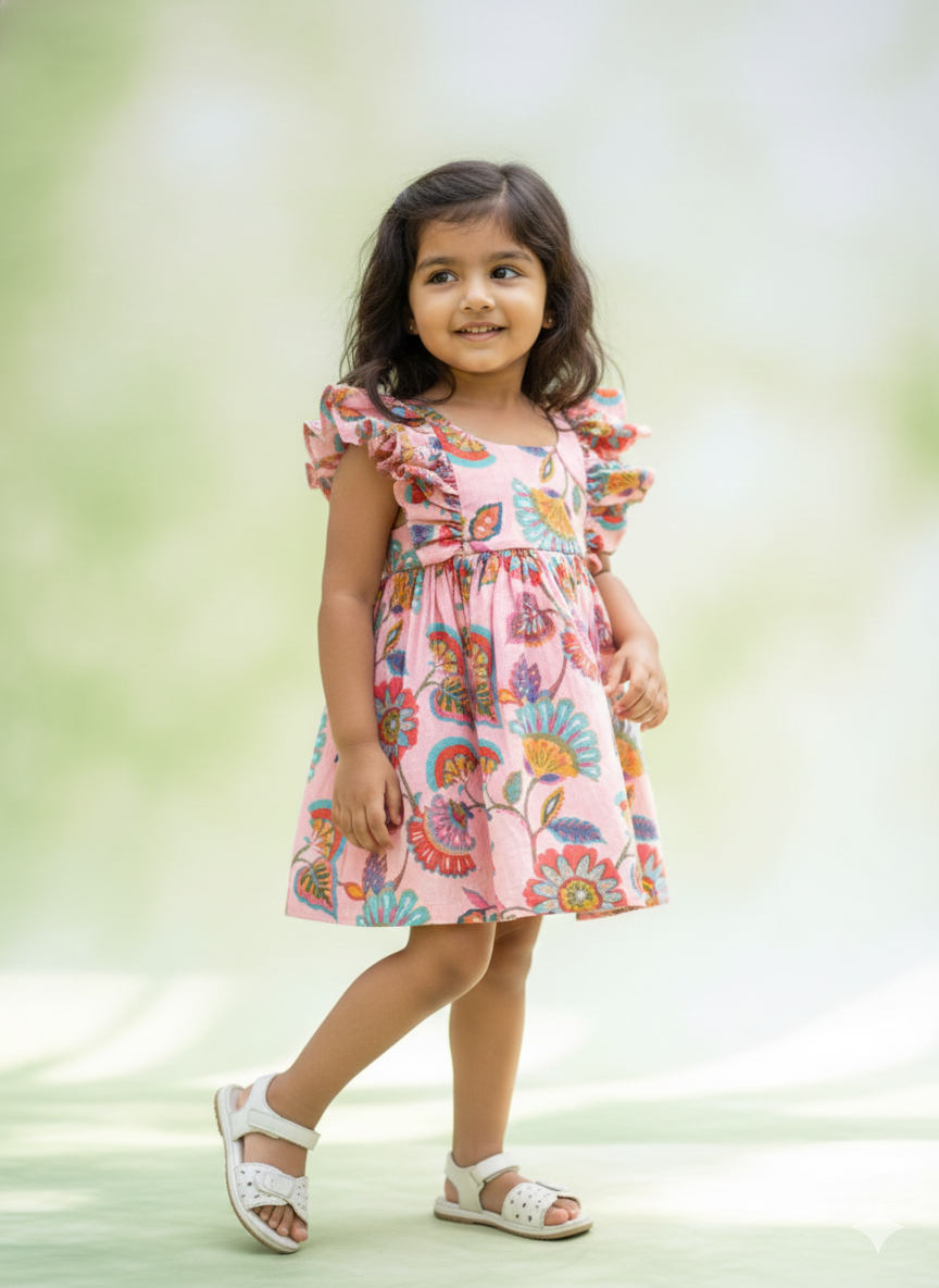 Pink floral mul cotton frock - Image 2