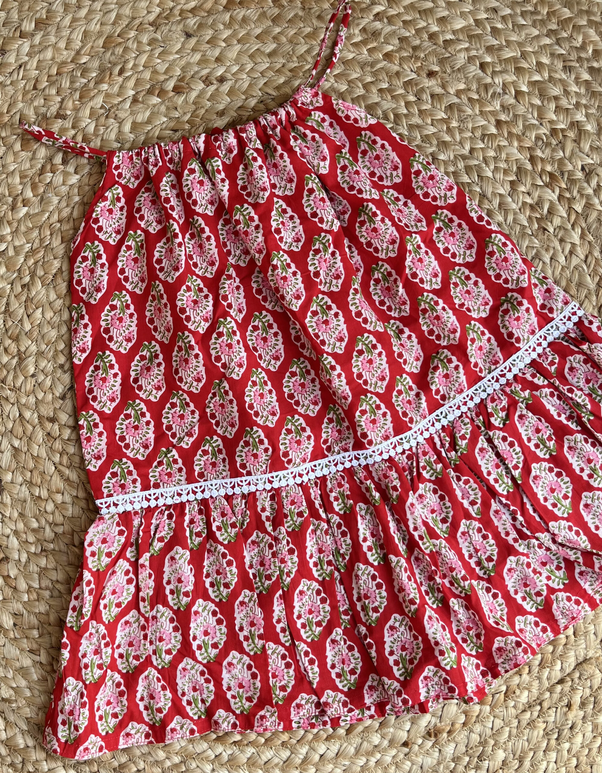 Red Sanganeri print A Line frock - Image 3
