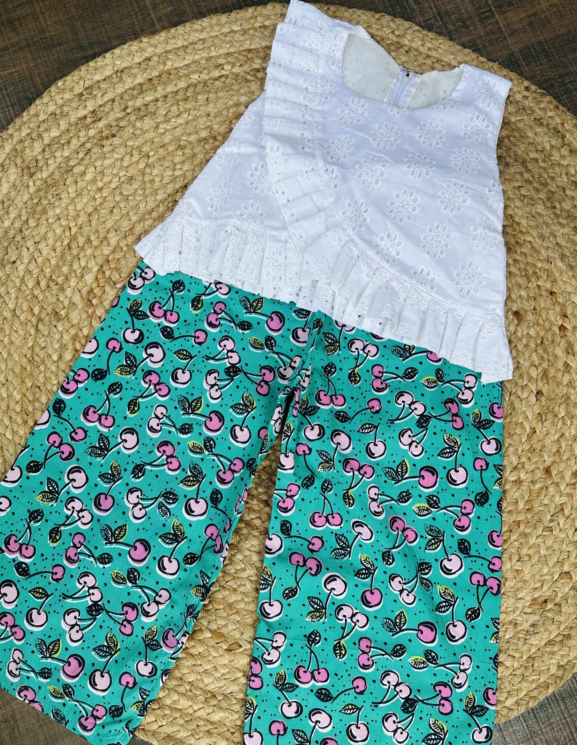 Green cherry print plazo with schiffli top - Image 3