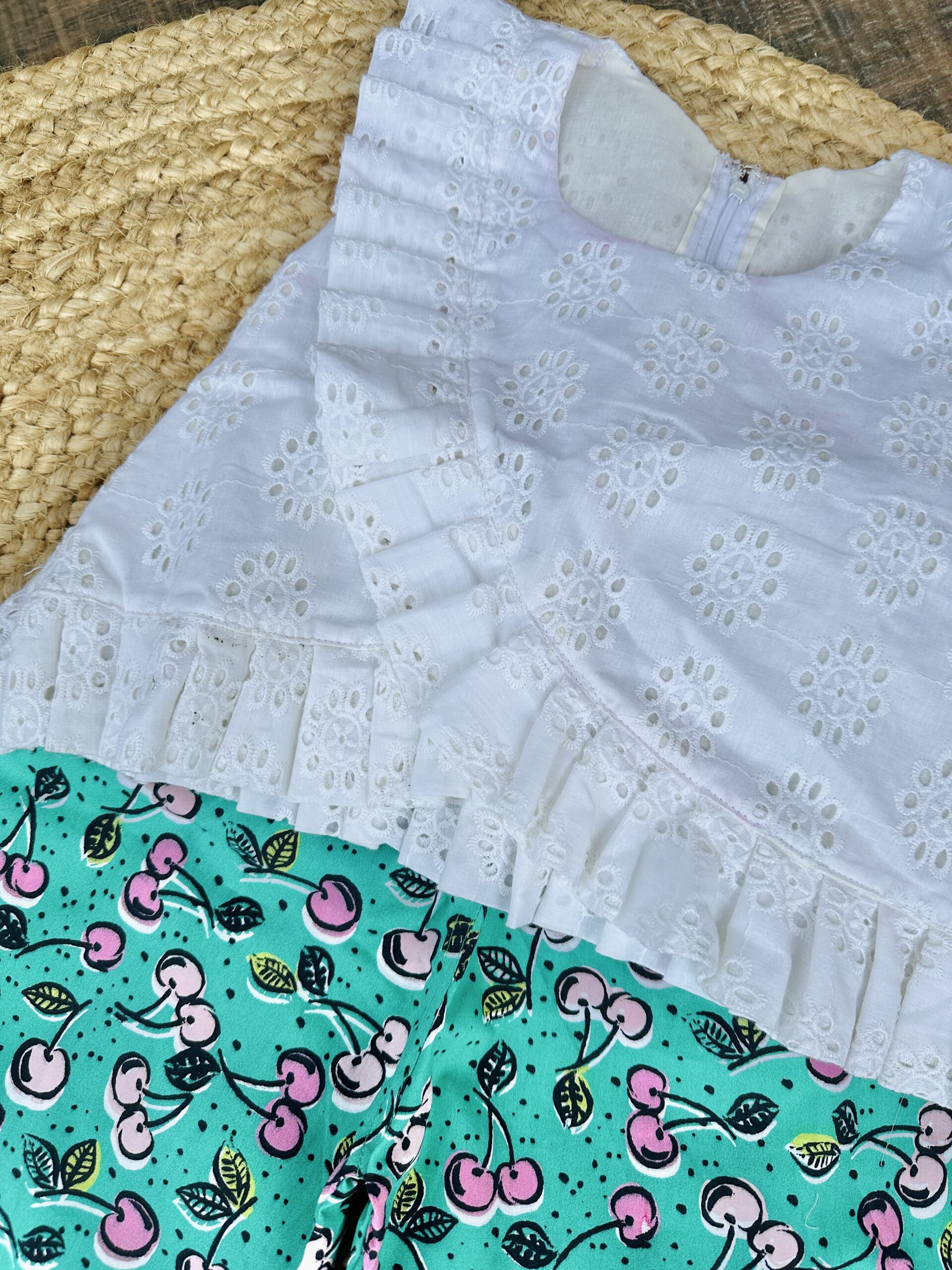 Green cherry print plazo with schiffli top - Image 4