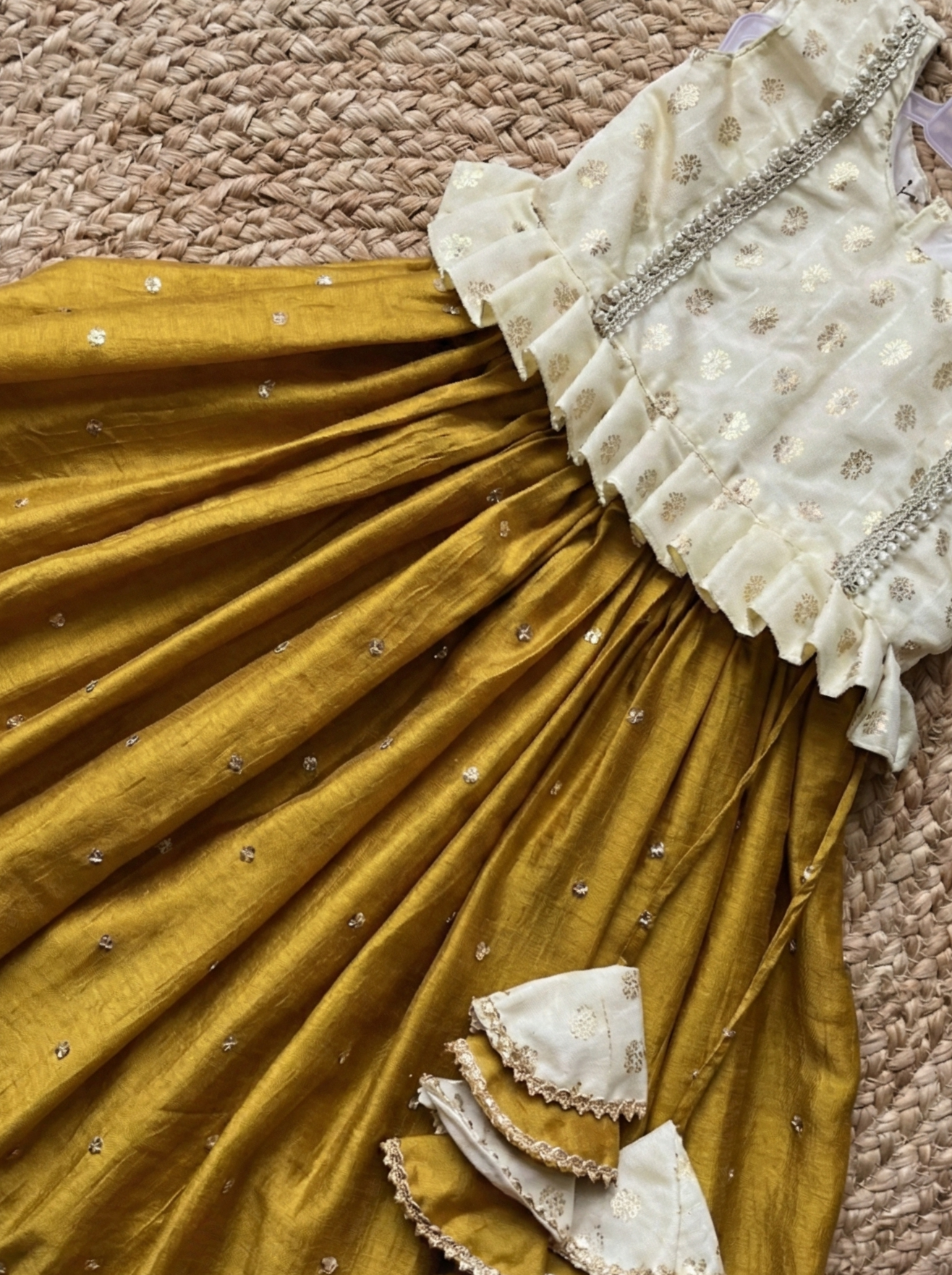 Cream mustard yellow chinnon lehenga set - Image 4