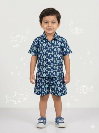 Blue green fish print coord set