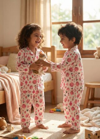 White Pink Meow Print Night Suit