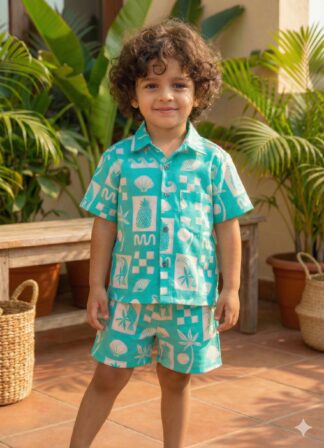 Sea green printed jute cotton coord set