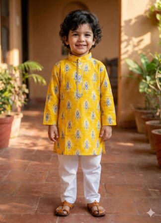 Yellow morpankh cotton kurta pyjama set