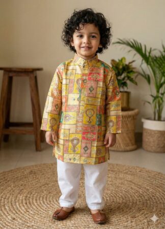 Yellow green printed kurta pyjama