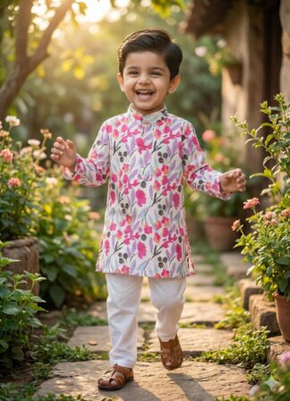 White pink floral kurta pyjama set