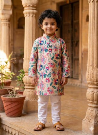 Cream pink floral kurta pyjama