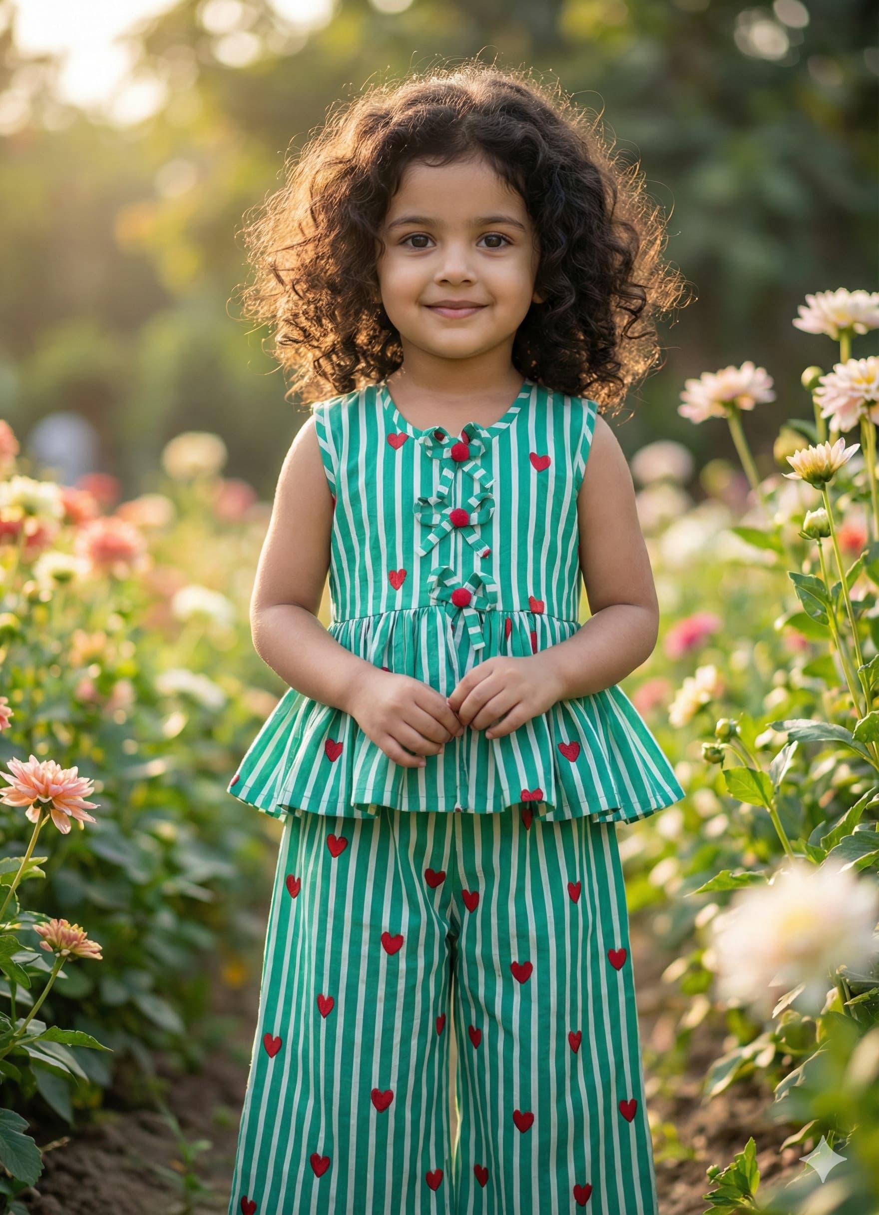 Green white stripes heart print plazo set