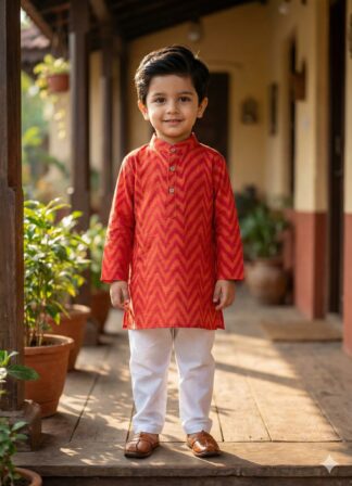 Red zig zag dual beam cotton kurta pyjama