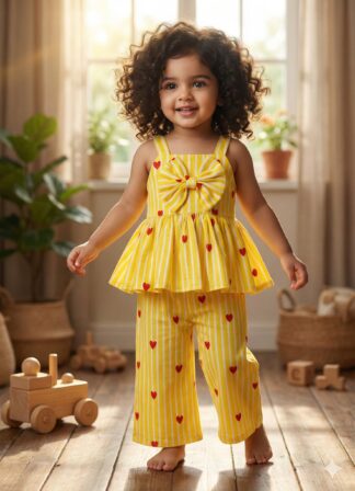 Yellow white Strips heart print plazo set