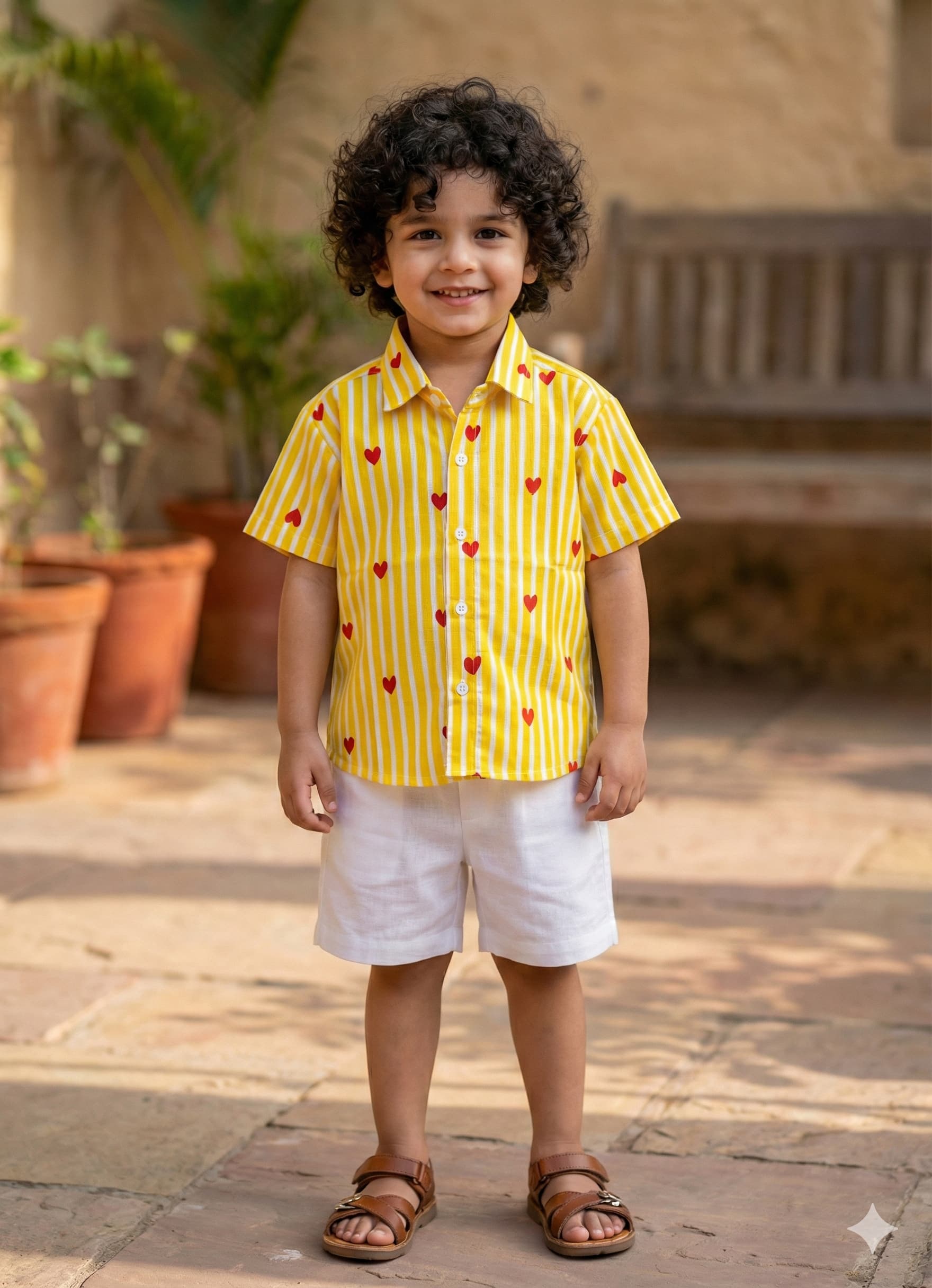 Yellow white strips heart print shirt
