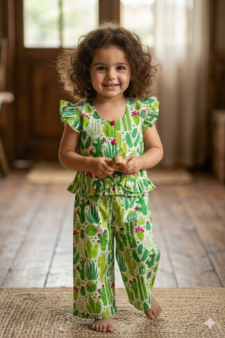 Green white cactus print coord set