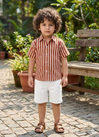 Brown white strips print shirt