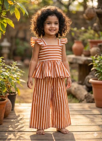 Brown white strips print plazo set