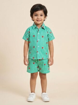 Green white strips heart print coord set